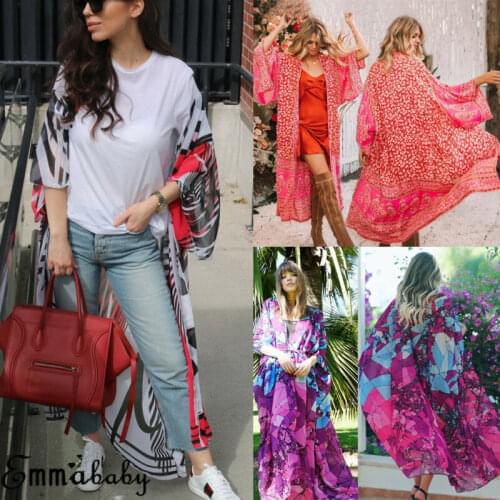 Fashion Women Floral Chiffon Trench Boho Kimono Long Cardigan Beach Cover Up