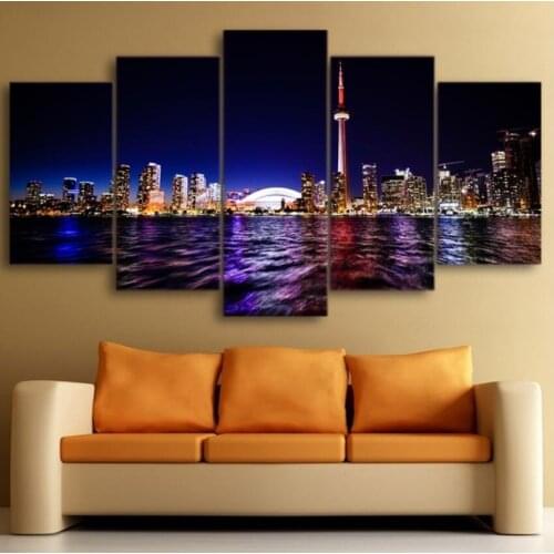 Modular picture decorative canvas art wall for living room decoration 5 pieces downtown Toronto night scene painting