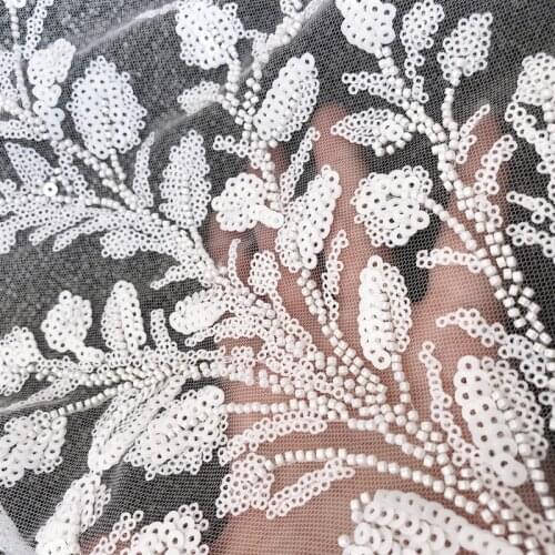 2020 New Milk White Beads Sequins Bride Lace Fabric Luxury Evening Dress French Lace RS2953