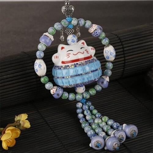 Chinese Style Chinese Bow Lucky Cat Rhinestones Crystal Car Pendant Rearview Mirror Car Decoration Gift Car Pendant