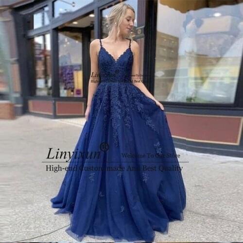 Sexy Lace Navy Blue Vestidos De fiesta De Noche A line Sleeveless Prom Dresses Tulle V-Neck Lace-Up Fromal Evening Gown