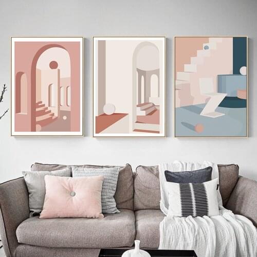 Modern Abstract Pink Geometry Building Canvas Painting Stairs Arched Door Wall Art Nordic Poster and Print Pictures Home Deocr