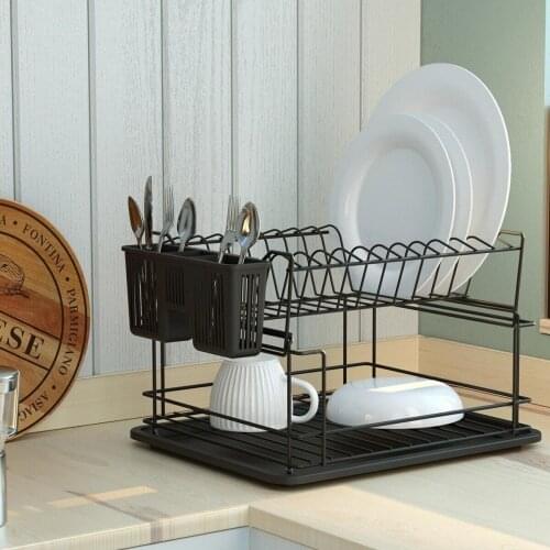 Dish Dryer Drying Rack Drainer With Drainboard Holder Kitchen Organizer Storage Layout Plate Glass 2 Tier Black Counter Top Pot