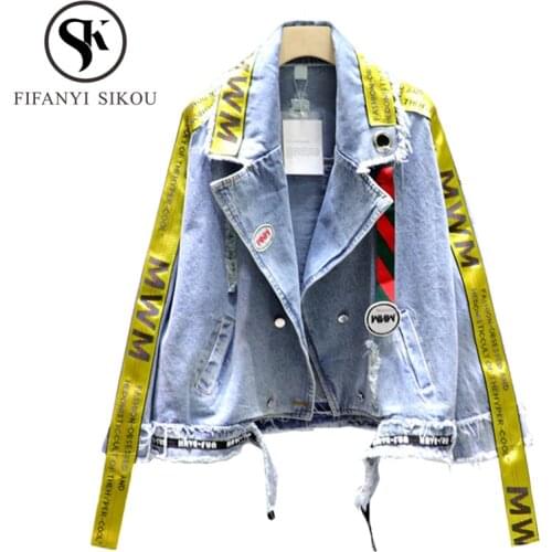 Hip hop Denim Jacket Women Fashion Ribbons Embroidery Jeans Jacket Loose Plus Size Harajuku Jackets Female Ripped Jeans Coat