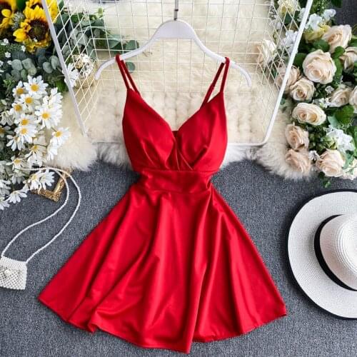 Spring Summer 2020 Female Deep V Necked High Waist Thin Solid-colored A-line Mini Dress Women Sleeveless Vestidos L401