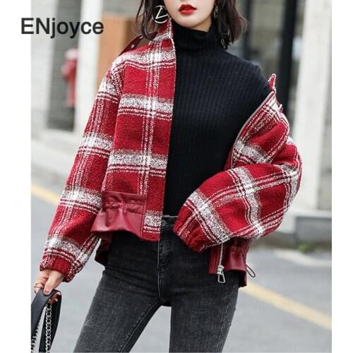 Women Red Plaid Patchwork New Stand Collar Long Sleeve Loose Jacket Female Fashion Tide Spring Autumn 2021 Baseball Cloth