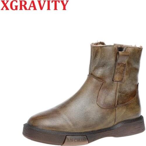 XGRAVITY Vintage Forest Lady Shoes Fashion Girls Casual Flat Boots Cow Genuine Leather Footwear Woman Booties Fur Warm Shoes