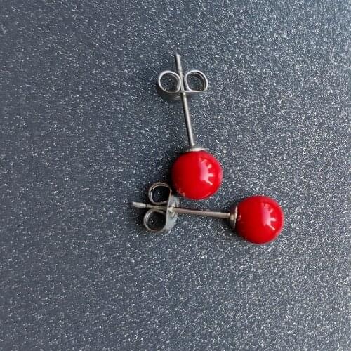 Size 6MM Pure Red Natural Pearls Ball Women Stud Earrings Ear Smooth Ball 316 Stainless Steel Jewelry Anti Allergy Free