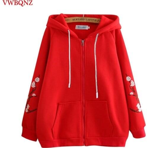 Spring Autumn 2020 Womens Hooded Zip Sweatshirts Coat Large Size Womens Long-Sleeve Loose Embroidery Hoodies Sweatshirts Casua