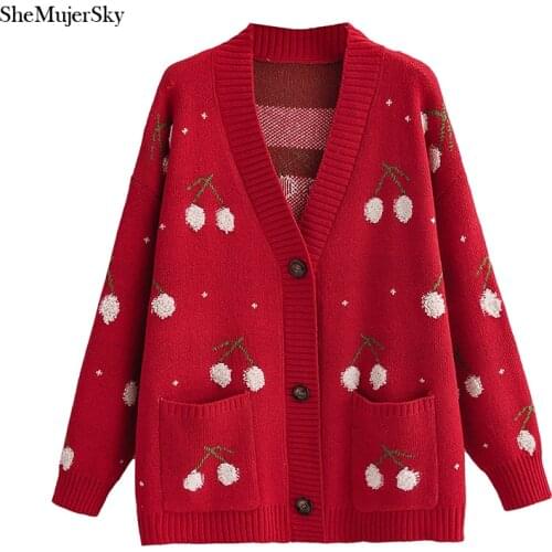 SheMujerSky Women Winter Knitted Long Red Sweaters Long Sleeve V-neck Single Breasted Jacquard Cherry Cardigans