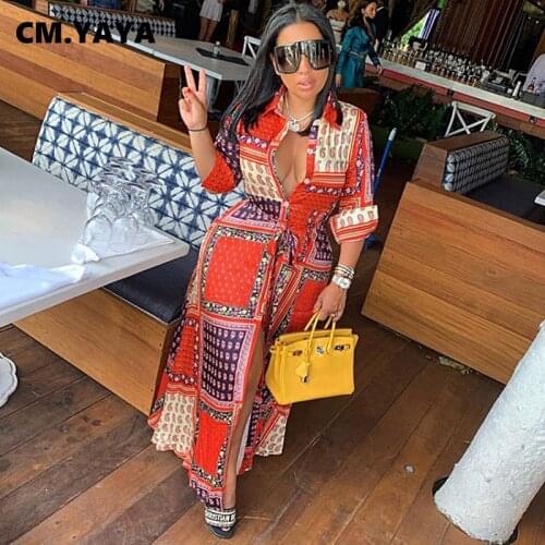 CM.YAYA Women Long Dress Print Full Sleeve Turn-down Collar Single Breasted Bandage Sashes Maxi Dresses Fashion Outfit Fall 2021