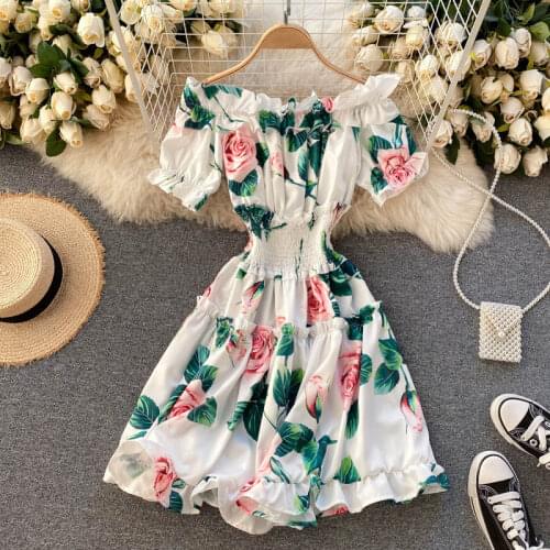 Womens Spring Autumn Runway Fashion Elastic Slash Neck Rose Print Dress Female Short Sleeve Chic Travel Beach Dress TB961