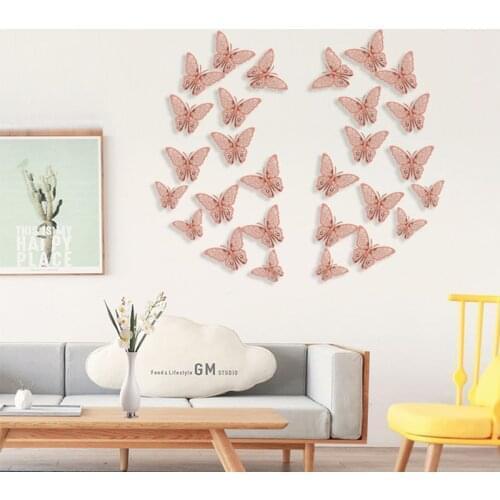 12Pcs/Set Wall Stickers 3D Hollow Butterflies Wall Decal Art Party Decoration Wedding DIY Home Decors Gold Silver Fridge Decor