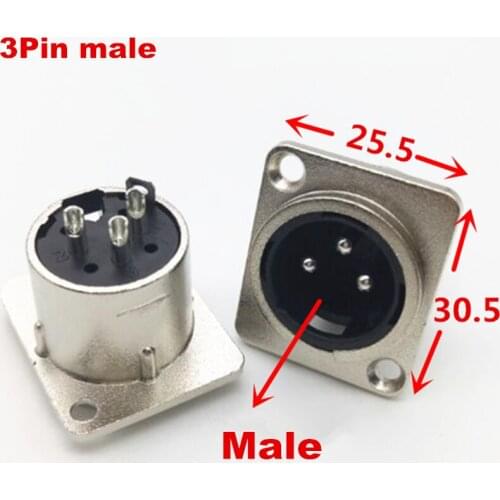 2pcs high quality 3Pin XLR Connector Male hole panel mount chassis socket, Male / Female jack plug Square Shape Metal Housing