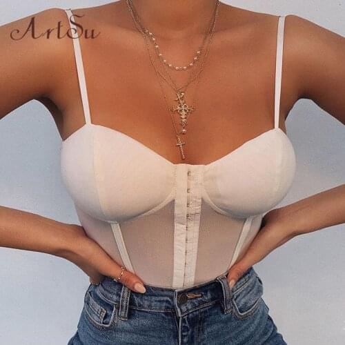 Artsu Sexy Backless Mesh Bustier Corset Bodysuit Summer Sleeveless Sheer Womens Bodysuits 2020 Summer Female Tops ASJU60816