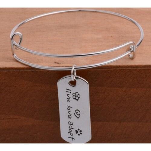 Bespmosp 12PCS/Lot Wholesale Rectangular Dog Tag Style Pendant Bracelet Cat Dogs " Live Love Adopt " Pet Paw Lover Jewelry Gift