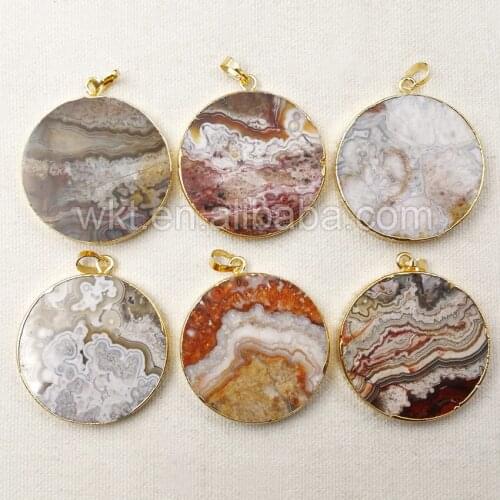 WT-P1044 Big Size 40mm At gate Stone Pendant for Necklace Making Unique Pattern Mexican At gate Round Pendant Wholesale