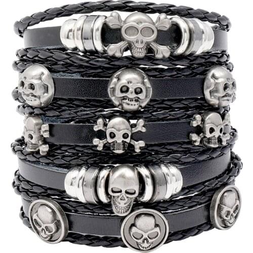 Handmade Bracelet New Punk Bangle 5 pcs/set Vintage Multilayer Alloy Skull Charm Leather Bracelets Men Women Homme Jewelry