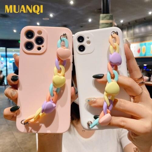 Bracelet Phone Case For iPhone 11 12 Pro Max X XS XR 7 8 Plus SE 2020 12 Mini Colorful Heart-Shaped Chain Soft Back Cover Cases