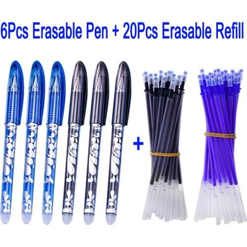 DELVTCH 6+20Pcs/Set 0.5mm Erasable Gel Pen Erasable Pen Refill Rod Blue Black Erasable Refill Handle School Office Writing Tools