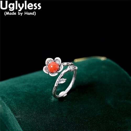 Uglyless Sunny Day Blooming Thai Silver Little Flower Rings for Women Natural Agate Floral Jewelry 925 Silver Buds Leaves Rings