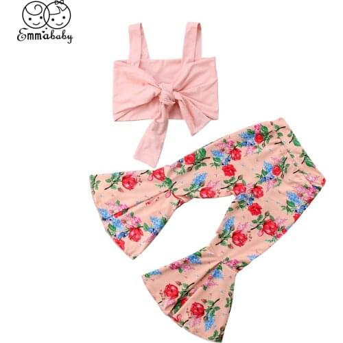 Baby Girls Clothing Set Sleeveless Pink Bra Tops Floral Bell-bottoms Long Pants Fashion Summer Baby Outfits Kids Clothes