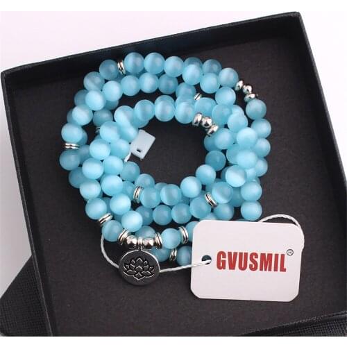 Beautiful New Style Blue Cats Eye Stone Bracelet Buddhist 108 Lotus Charm Bracelet Yoga Crystal Beads Women Necklace Meditation