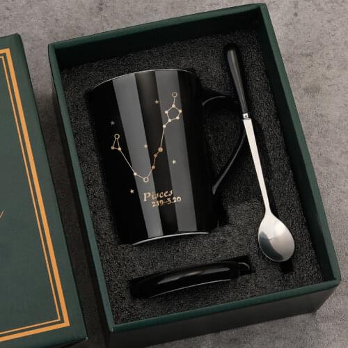 VIP кружки Ceramic Mugs 12 Constellations Creative Mugs with Spoon Lid Black and Gold Porcelain Zodiac Milk Coffee Cup Drinkware