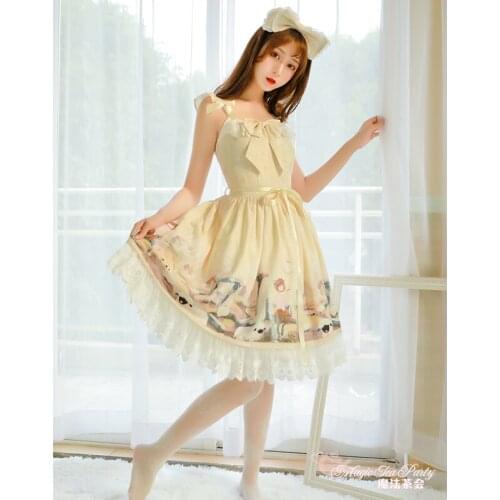 Sweet lolita dress vintage falbala bowknot cute printing high waist princess victorian dress kawaii girl gothic lolita jsk loli