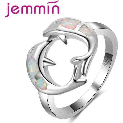 Cute Two Dolphins Face to Face Blue Fire Opal Jewelry Rings For Women Fashion Engagement Wedding Jewelry