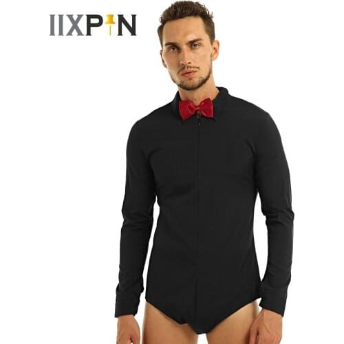 Men Bodysuit Shirt Streetwear Long Sleeve Sexy Tops Rompers with Bowtie Solid Color Zipper Fashion Latin Modern Dance Shirt