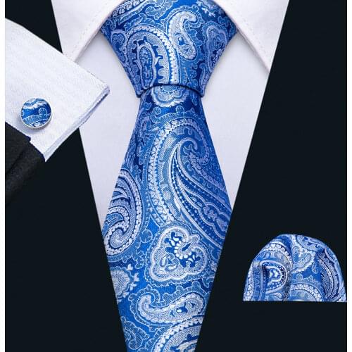 Mens Wedding Tie Blue Paisley Silk Tie Hanky Set Barry.Wang 8.5cm Fashion Designer Neck Ties For Men Party Dropshipping FA-5147