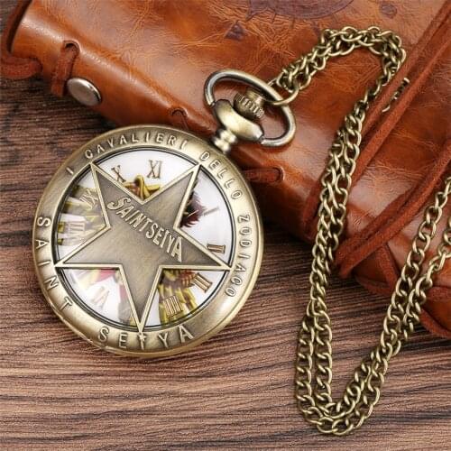 New Arrival Bronze Pocket Watch Saint Seiya Theme Quartz Pocket Clock Necklace Pendant Watches Gifts for Kids Men Women