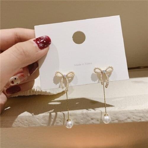 ZDMXJL New Fashion Trend Women Earring Simple Cute Pearl Long Bowknot Drop Earrings Party Jewelry for female Girl Gift Wholesale