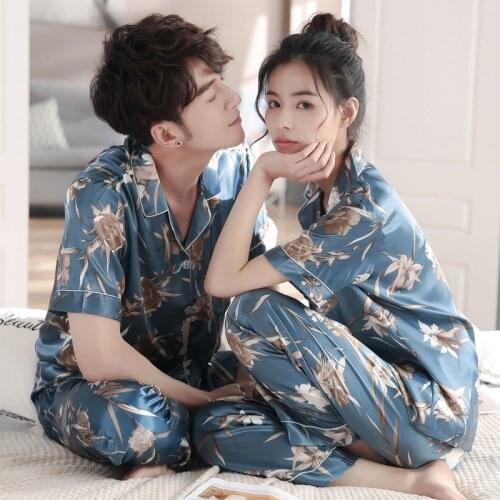 Print Flower Pjs Sets Women Outfits Satin Pajamas Couple 2PCS Short Sleeve Shirt&Pants Suit Lapel Sleepwear Casual Pyjamas