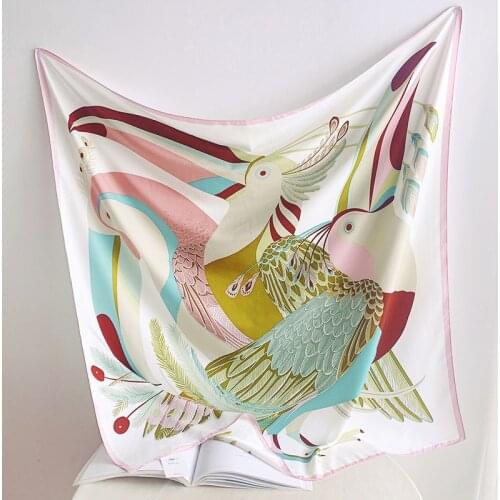 90cm Silk Scarf Women Pelican Birds Print Manual Hand Square Scarves Spain Echarpes Foulards Femme Wrap Bandana Small Hijab