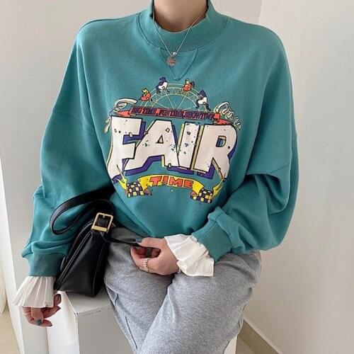 Korean Style Pullover Women Sweatshirt Vintage High Neck Splicing Long Sleeve Printed Loose Oversized Sweatshirt Womens Hoodies