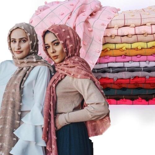 Plain Pom Cotton Scarf Women Muslim Hijab Large Size Plaid Striped Scarves Headband Solid Color Islamic Bandana Stoles 10pcs/Lot