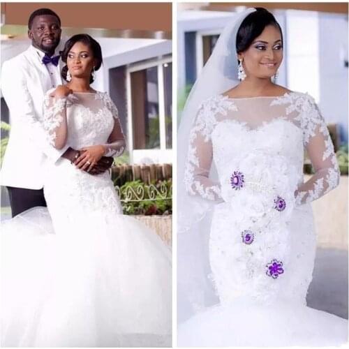 Long Sleeves Mermaid Bridal Gowns Wedding Dresses Custom Lace Appliques Illusion Beaded Vestios De Mariee African Garden