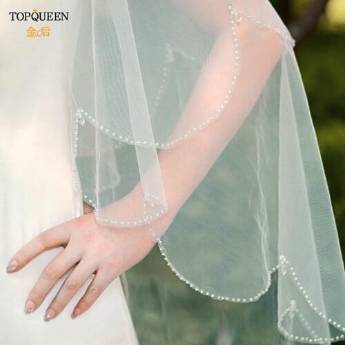 TOPQUEEN V102 Bridal Veils Wedding Crystal Beaded Wedding Veil with Crystal Rhinestone Edge Veu Bride Short Two Tier with Comb