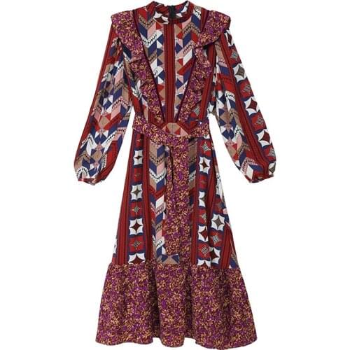PERHAPS U Women Chiffon Red Brown Stand Collar Geometric Floral Print Ruffle Sash Long Sleeve Mermaid Midi Dress Holiday D2325