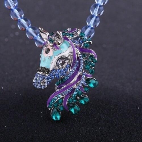 Women Fashion Unicorn Retro Long Pendant Necklace Horsehead Cute Blue Gifts Exquisite Cystals Blue Sea Horse Necklace female2018
