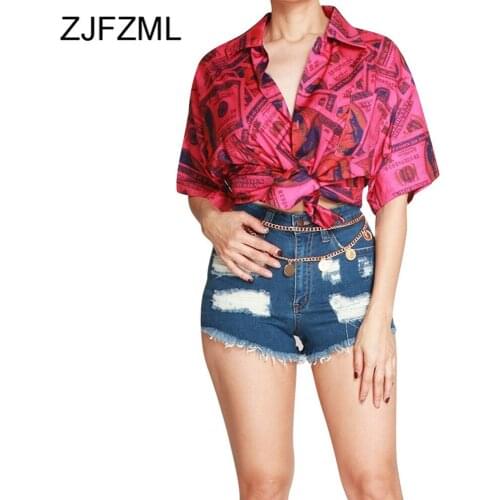 Money Dollar Print Casual Loose T Shirt Tops Women Turn Down Collar Half Sleeve T Shirt Summer Single-Breasted Club Party Tees
