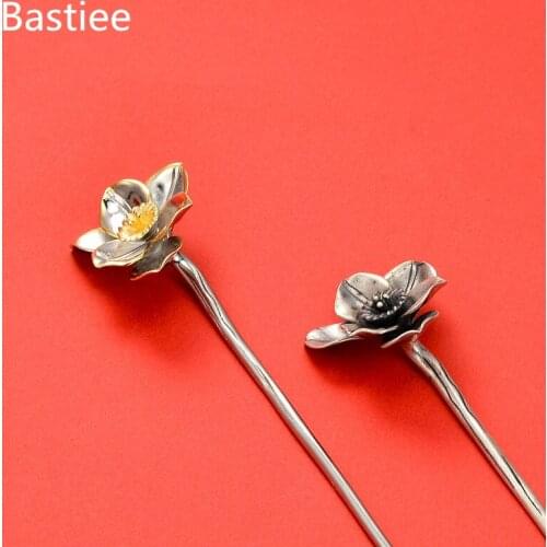 Bastiee Chinese Vintage 925 Sterling Silver Hair Stick Women Lotus Flower Wedding Jewelry Cloisonne Enamel Luxury Hairpin