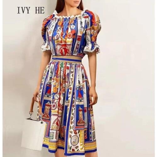 IVY HE Bohemian Ethos Womens Suit Slash Neck High Waist Bubble Sleeve Baggy Short Shirt A-line Print Elastic Waist Skirt Suit