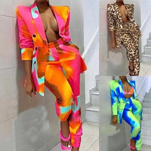 2021 Sexy Lady Blazer Suit Cardigan Colorful Printed Leisure Right Angle Shoulder Tie Dye Pants Suit for Autumn