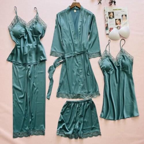 5 pcs Women Pajamas Sets 2020 Silk Pyjama Sexy Sleepwear Pant Spring Satin Lace Pijamas Homewear Clothes Lingerie Robe