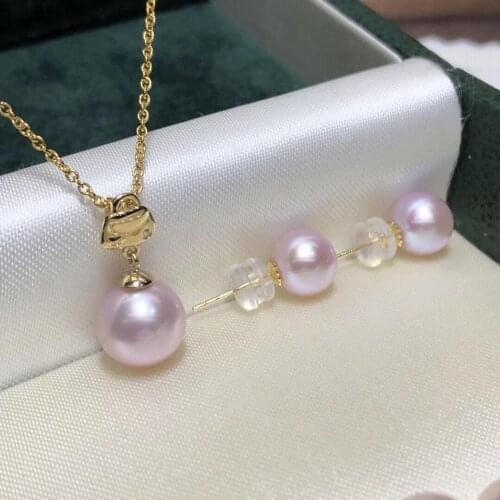 Fine Jewelry 18K Yellow Gold Natural Fresh Water Pink Pearl 7-10mm Females Jewelry Sets for Women FIne Jewelry Sets