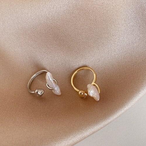 TIMEONLY French Elegant Irregular Natural Freshwater Pearl Open Rings for Women Ladies Metallic Adjustable Charm Ring Jewellery