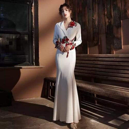 Fashion V-Neck Evening Dress Full Sleeves Flowers Embroidery Pleat Floor-length Mermaid Plus size Women Formal Party Gown C788